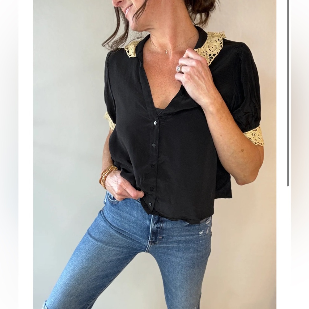 Free People NWT My Love Lace Rayon Crochet trim V-Neck Button Down Blouse med